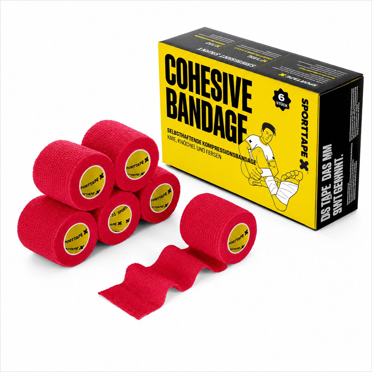 Six rouleaux de bande rouge auto-adhésive à côté d'un emballage.