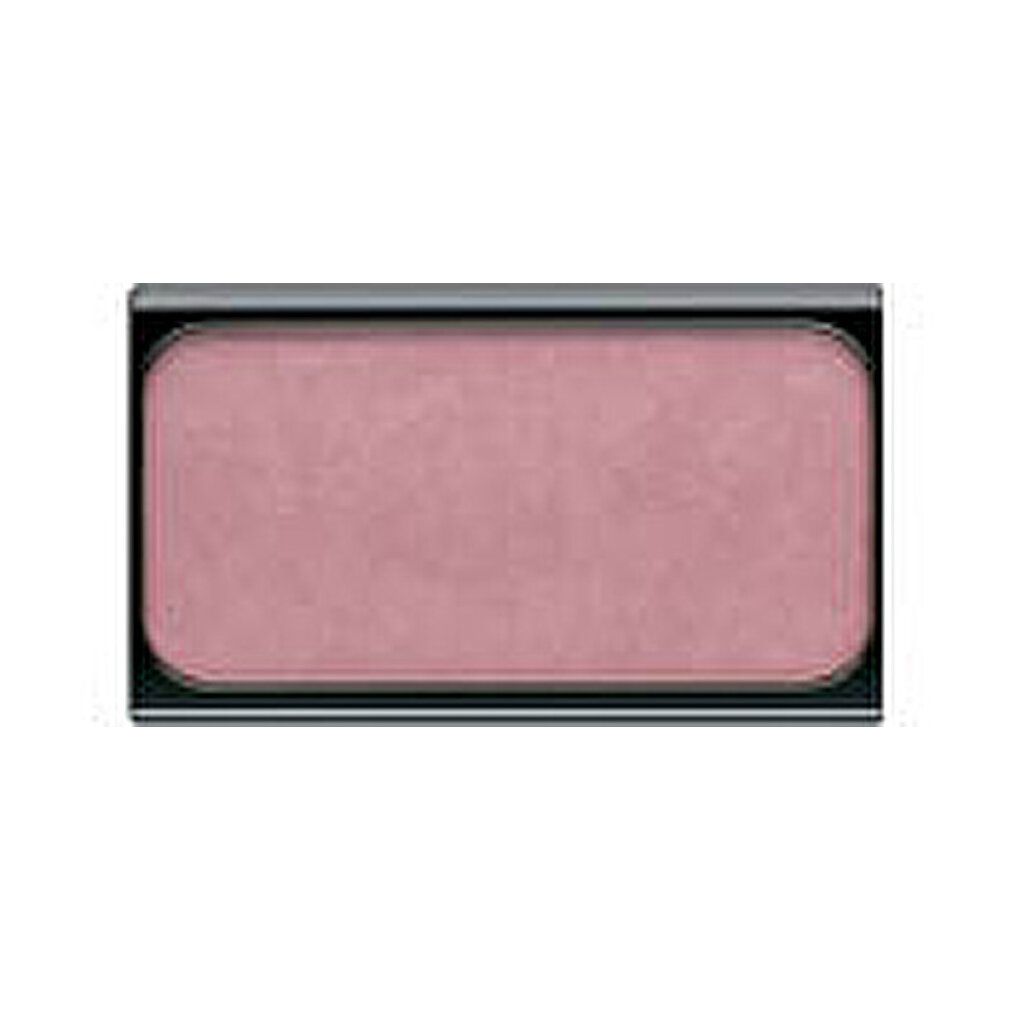 Fard à joues rectangulaire dans un boîtier noir. Teinte rose. Surface lisse.