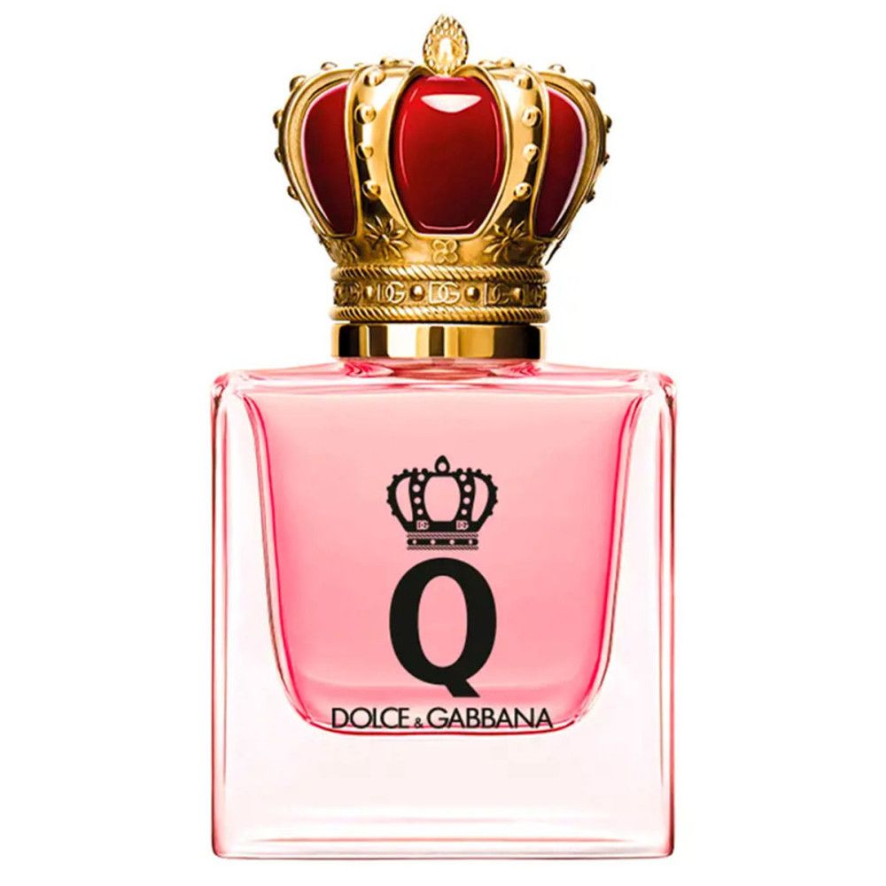 Q by Dolce & Gabbana Eau de Parfum. Roze fles met gouden kroon en zwart Q-logo.