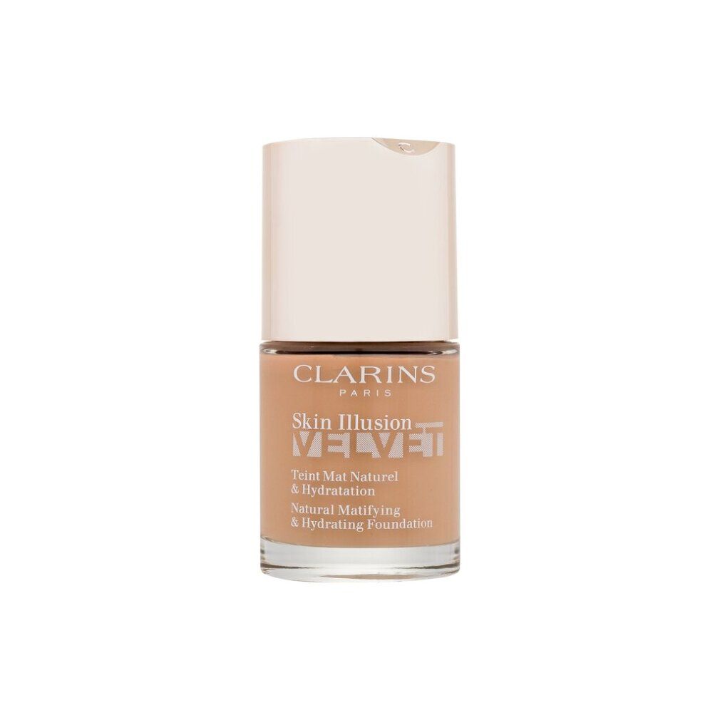 Fond de teint Clarins Skin Illusion Velvet, teinte beige clair. Flacon en verre avec bouchon blanc.