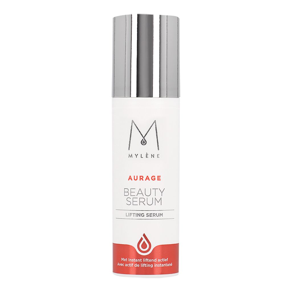 Mylène Aurage Beauty Serum Lifting Serum in witte fles met zilveren pompdop en rood etiket.