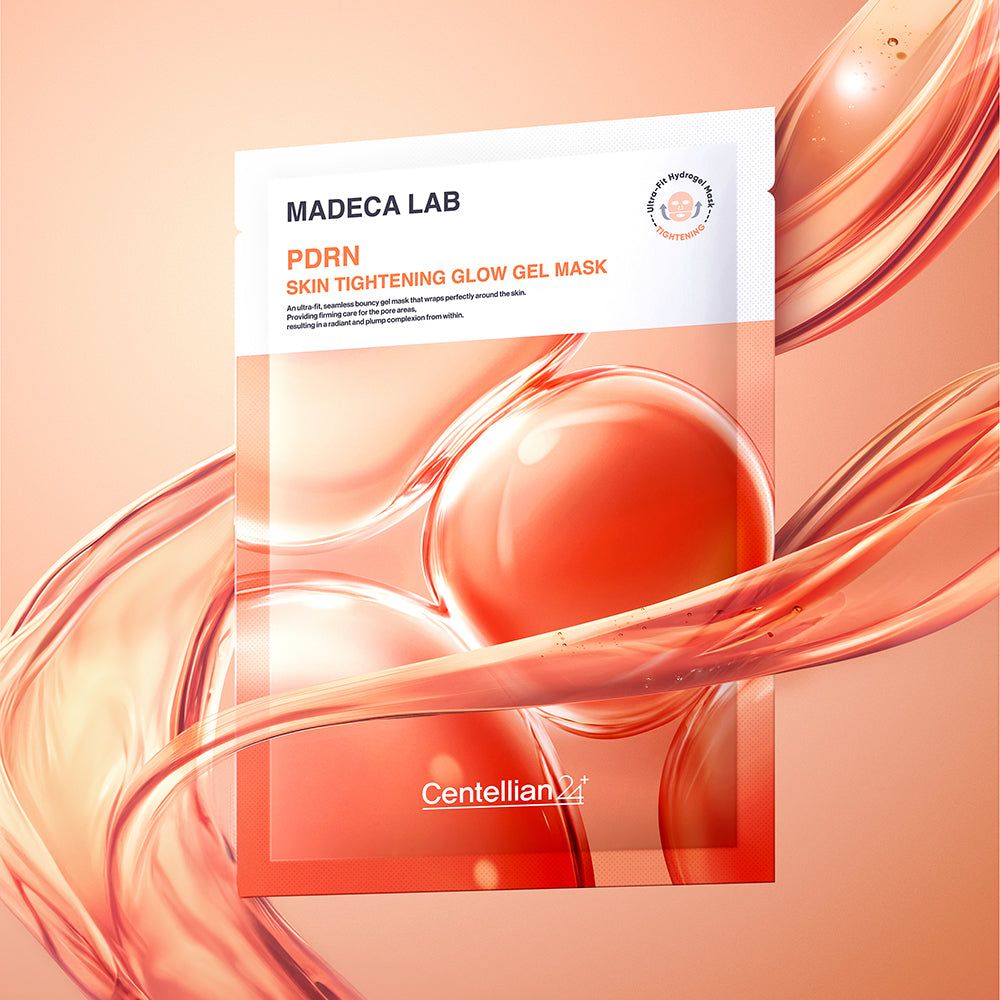 Verpakking van de Madeca Lab PDRN Skin Tightening Glow Gel Mask met vloeiend ontwerp.
