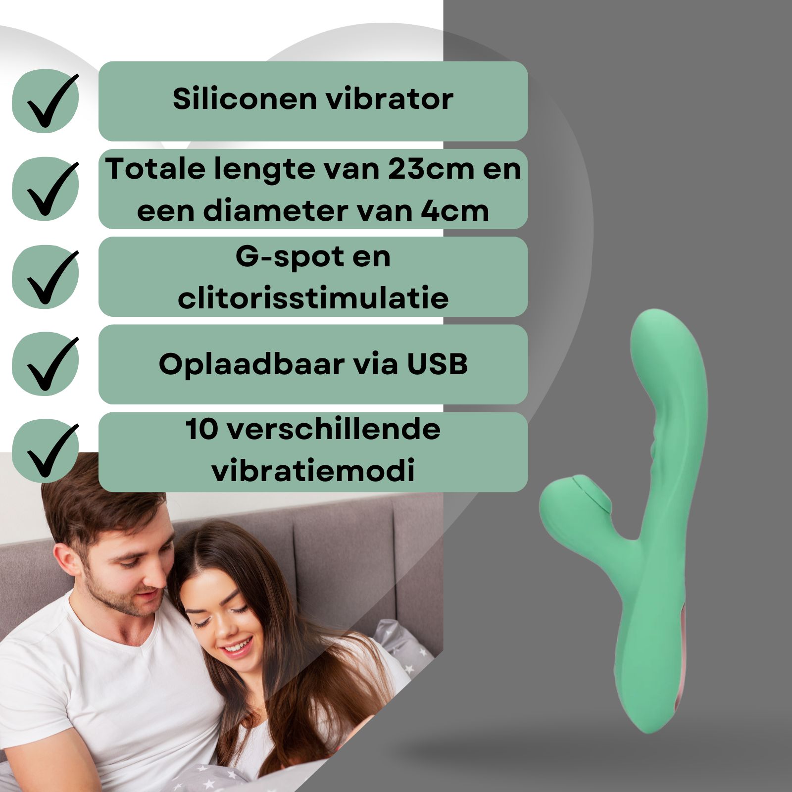 Groene vibrator. Tekst: Siliconen vibrator, 23cm lang, 4cm diameter, USB oplaadbaar.