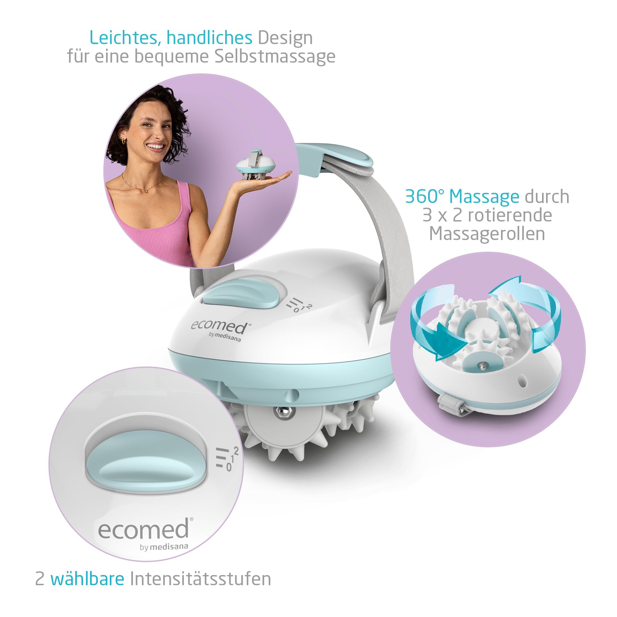 Massager met 2 intensiteitsniveaus en 3 roterende massagekoppen.