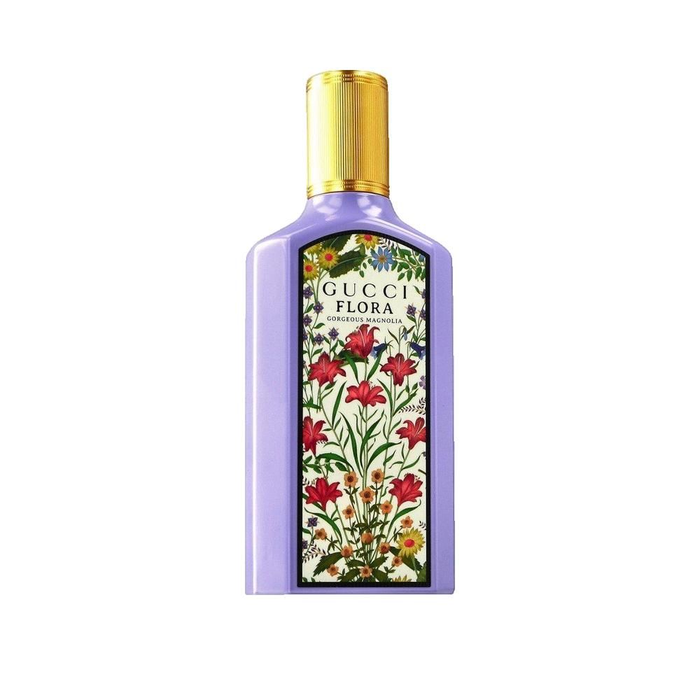 Paarse parfumfles met gouden dop. Bloemenpatroon op de voorkant met de tekst Gucci Flora.