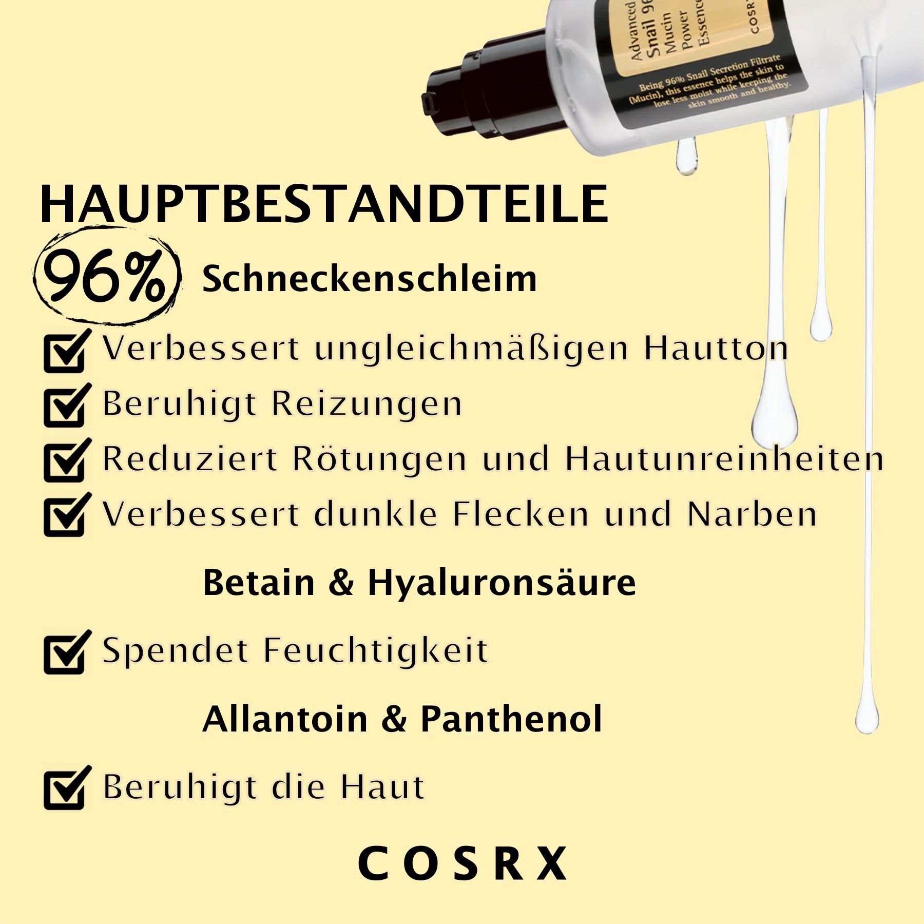 COSRX huidverzorgingsserum met 96% slakkenmucine, hyaluronzuur, allantoïne en panthenol. Verbetert teint, roodheid en littekens.