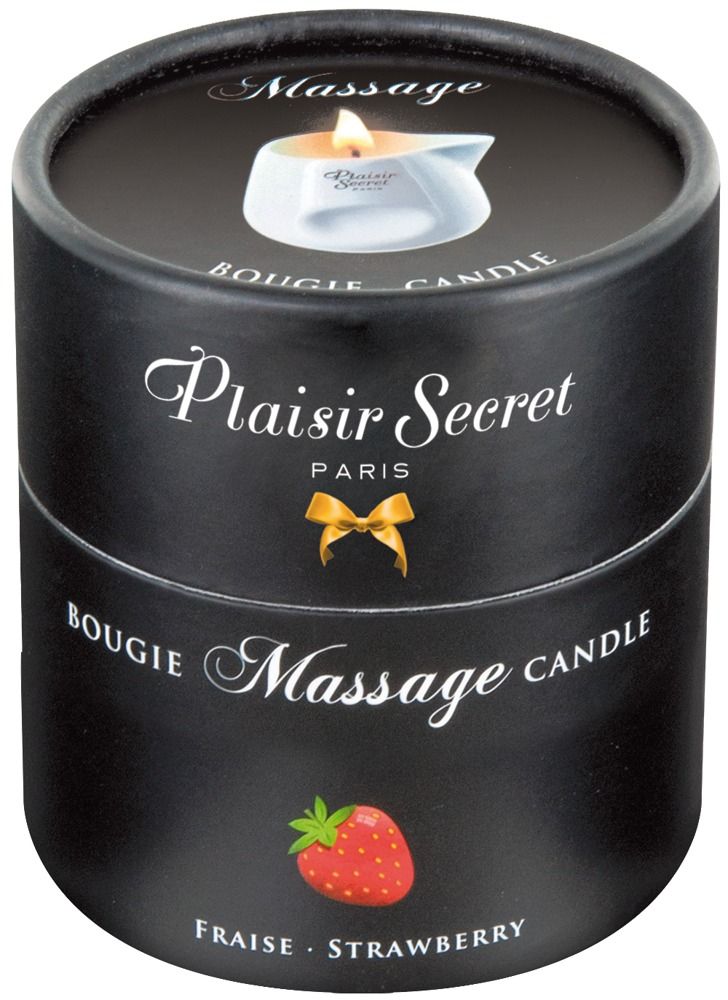 Zwarte cilindrische verpakking. Massagekaars. Opschrift: Plaisir Secret, Bougie Massage Candle, Aardbei.