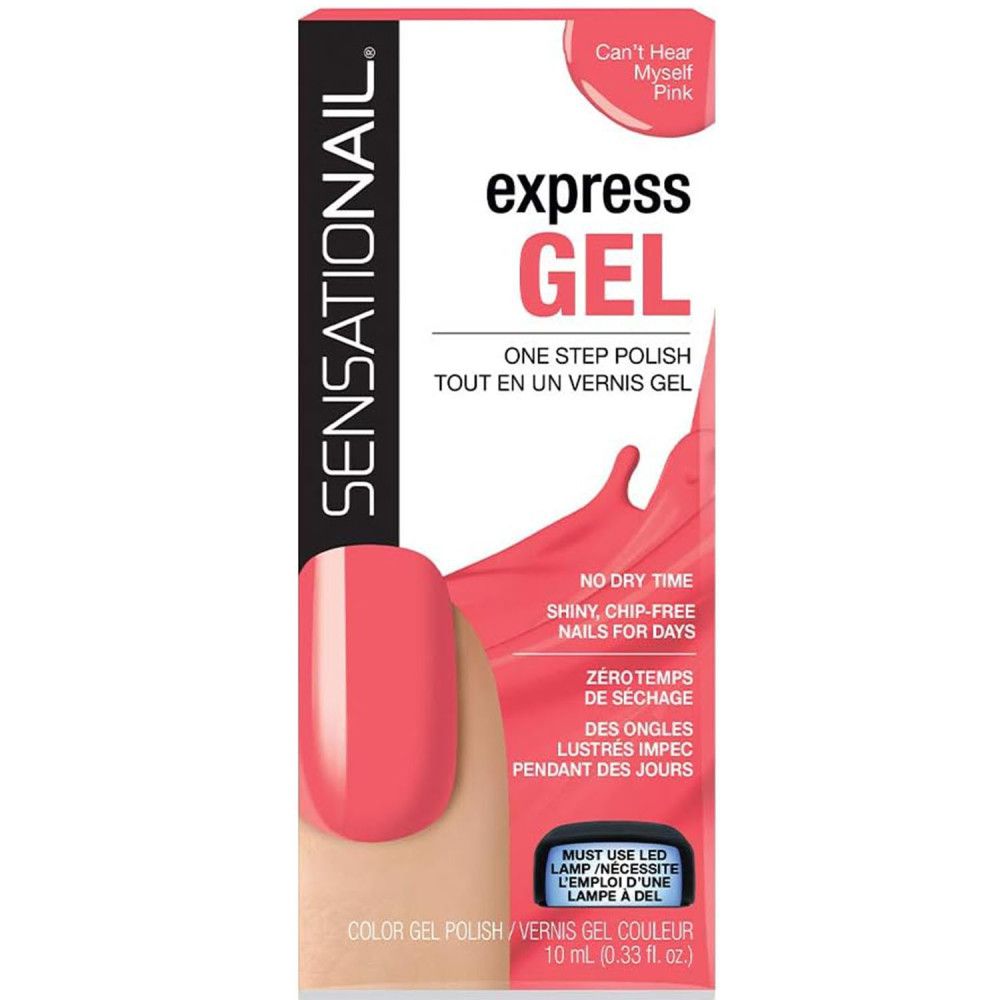 Emballage Sensationail Express Gel. Flacon de vernis à ongles rose, texte: Express Gel, One Step Polish.