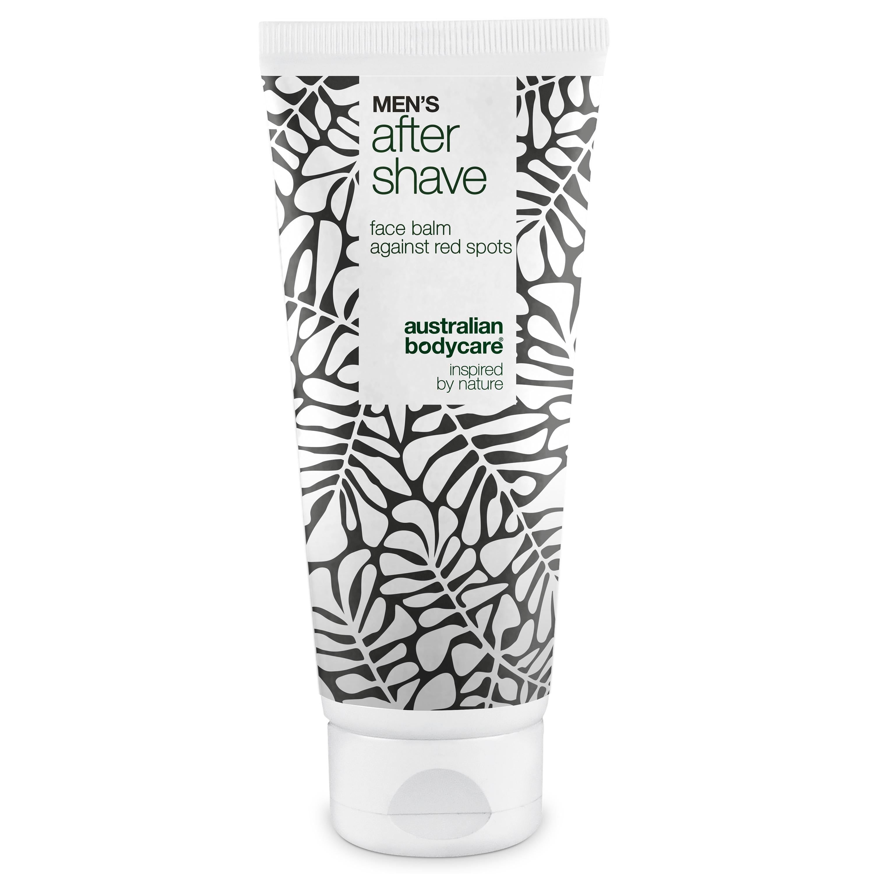 Tube de baume après-rasage. Blanc, motif de feuilles noires. Texte: Men's After Shave, face balm against red spots, Australian Bodycare.