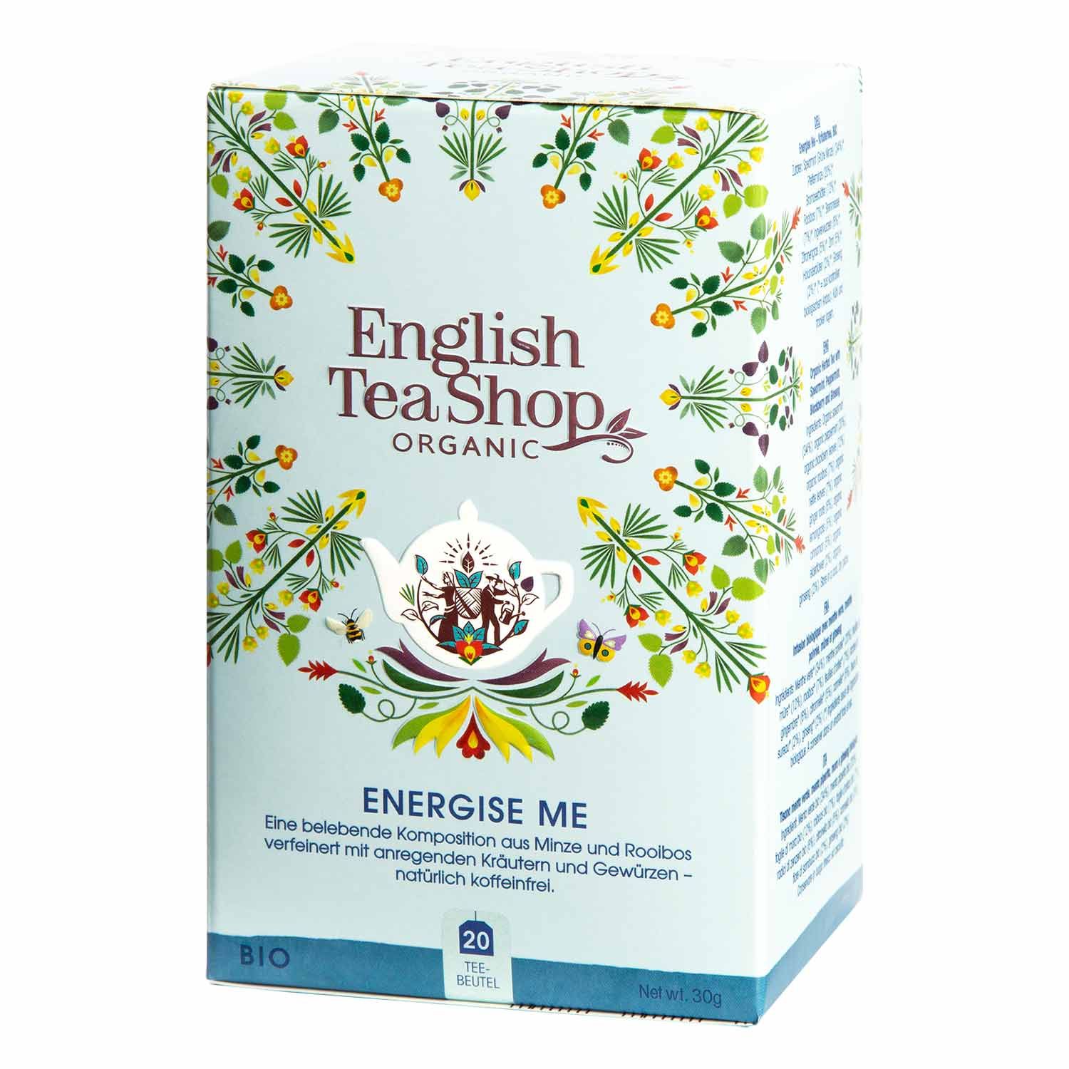Theedoos met opschrift English Tea Shop ORGANIC, ENERGISE ME, BIO. Bevat 20 zakjes.