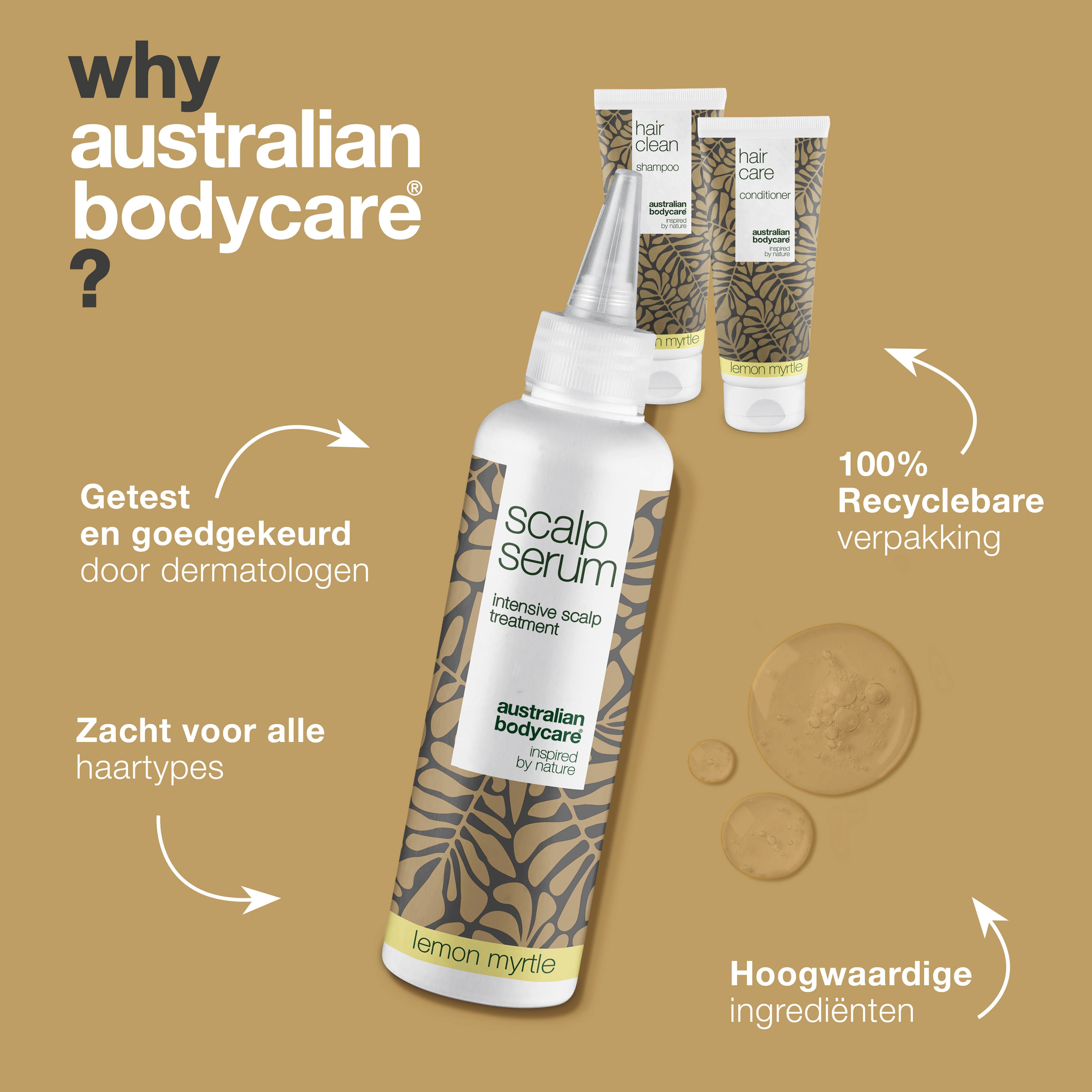 Waarom Australian Bodycare? Serum, shampoo en conditioner. Tekst: dermatologisch getest, zacht voor alle haartypes. Logo.
