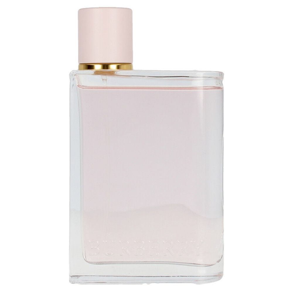 Flacon Burberry Her Eau de Parfum. Forme rectangulaire, contenant transparent, liquide rose, bouchon rose avec bordure dorée.