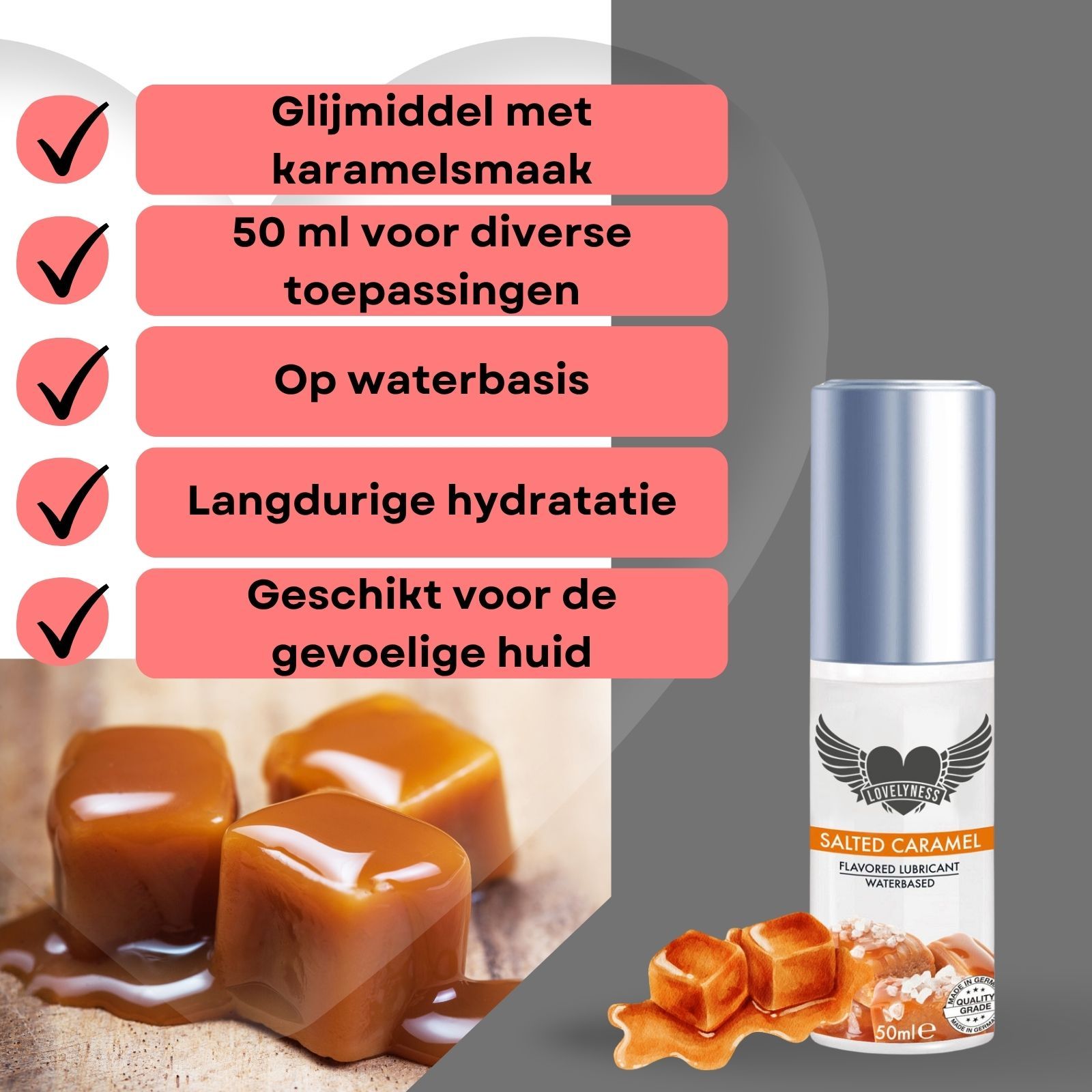 Glijmiddel met karamelsmaak. 50 ml. Op waterbasis. Voor gevoelige huid. Karamelstukjes.