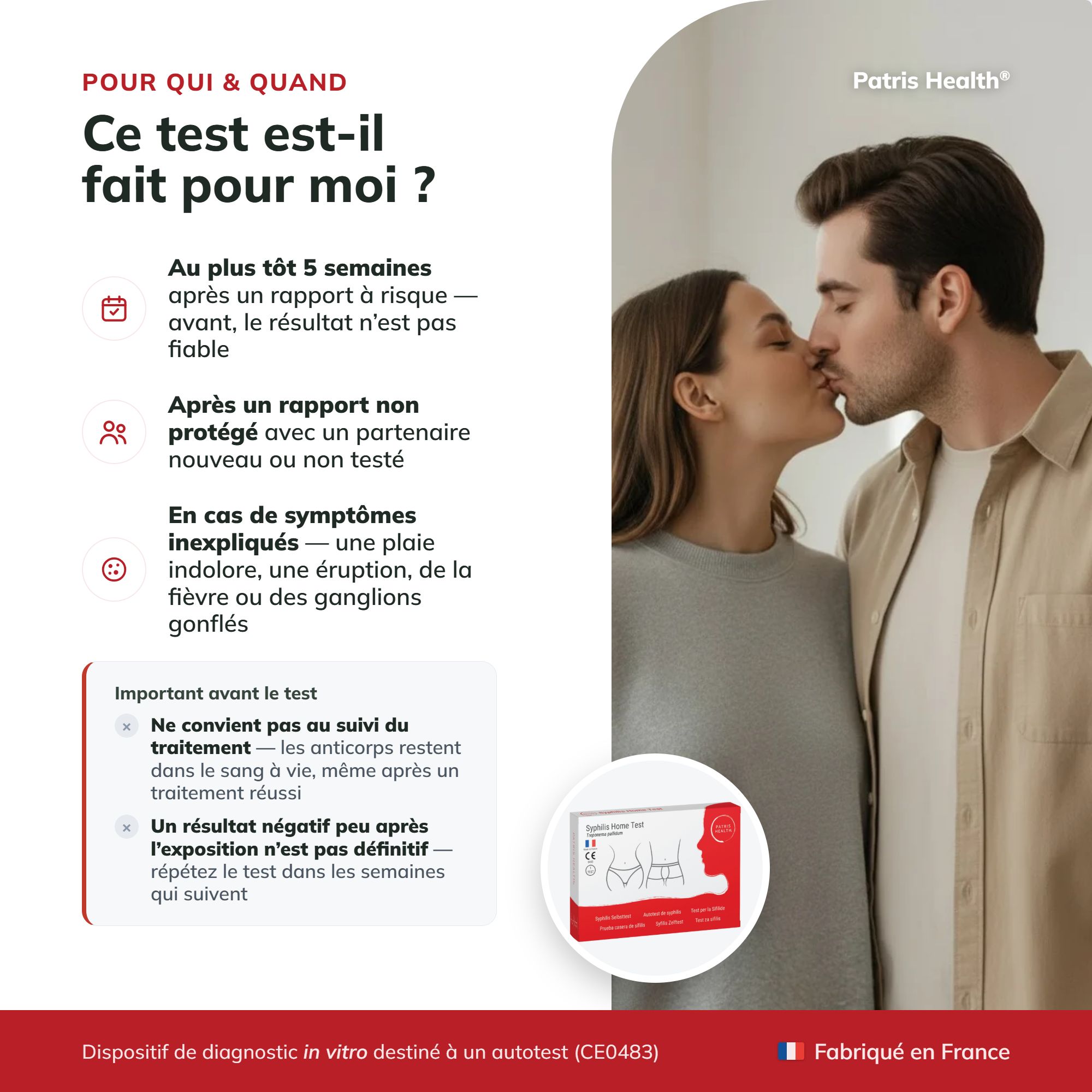 Version française du contenu d'un kit de test rapide Syphilis : appareil, pipettes, lancettes, tampon.