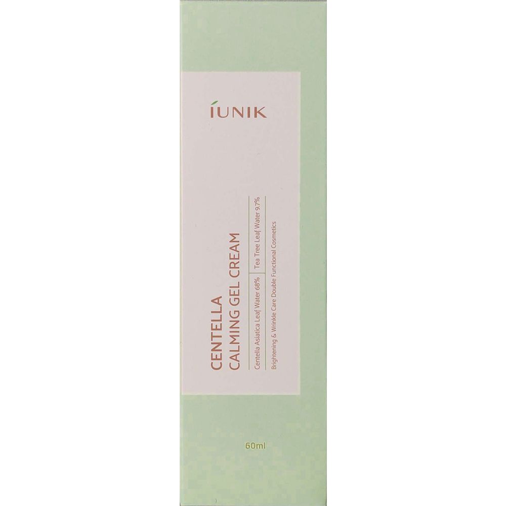 Emballage vert avec inscription: iUNIK, Centella Calming Gel Cream, 60ml. Texte: Centella Asiatica Leaf Water 30%.