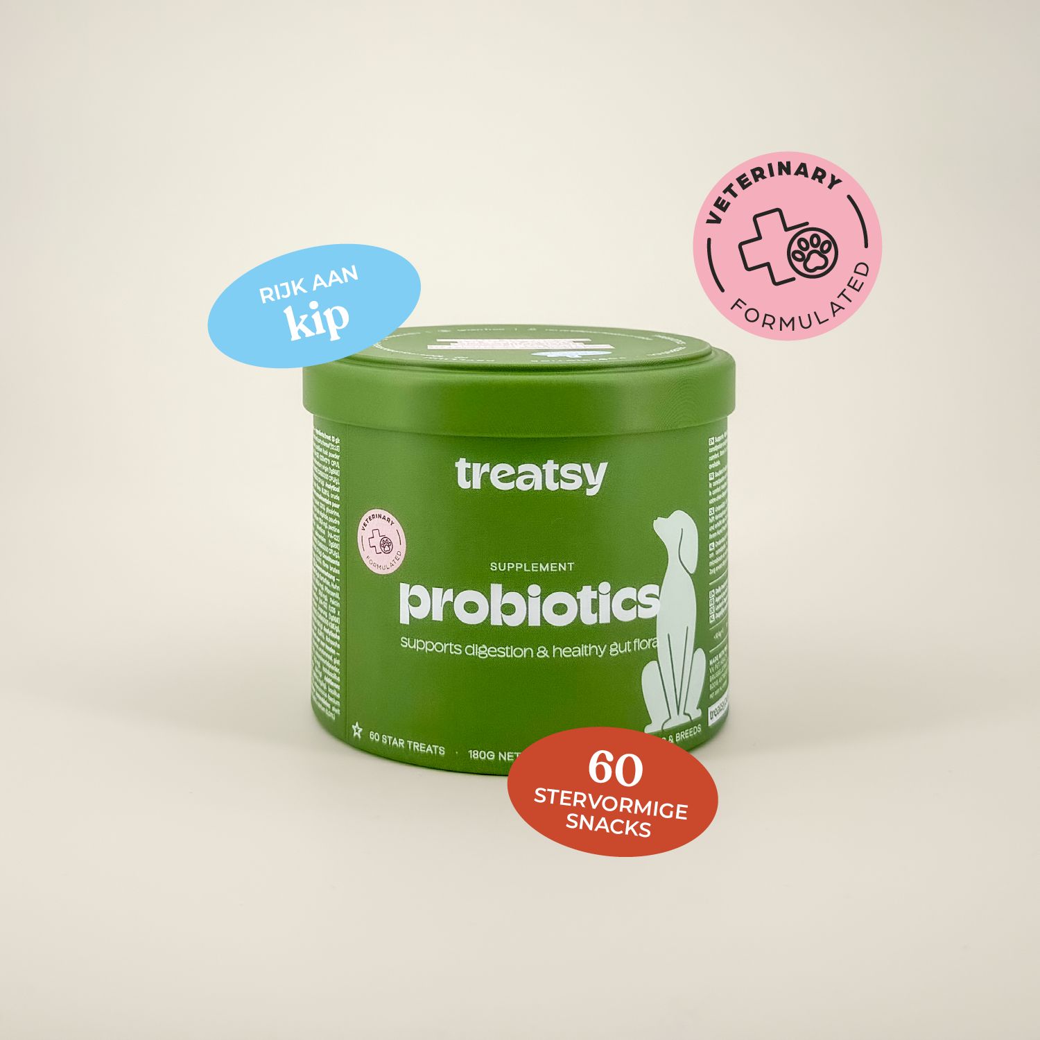 Groene pot met « Treatsy Probiotics ». Blauwe en rode stickers. 60 stervormige snacks. Aanbevolen door dierenartsen.