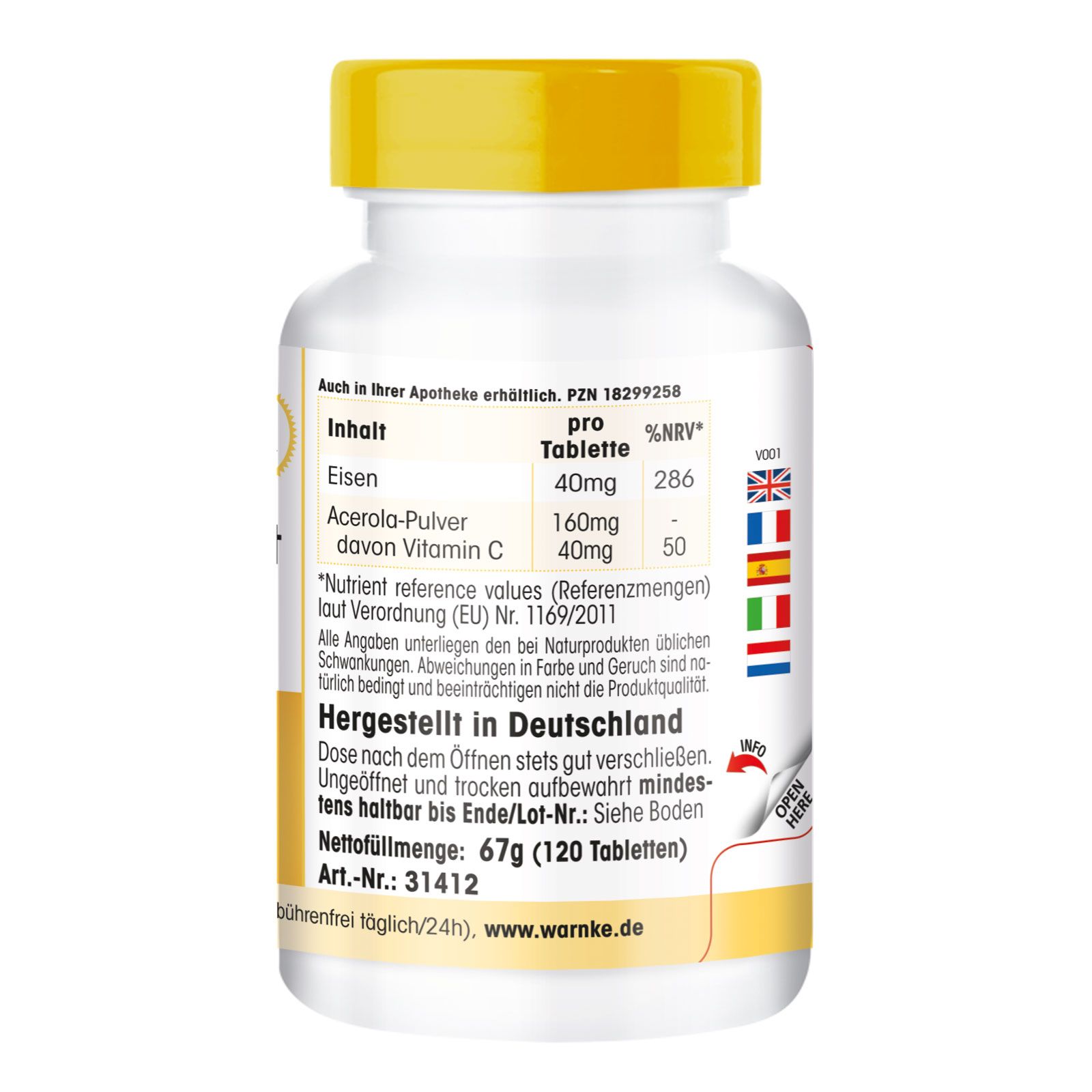 Dos du flacon de pilules. Texte: Contenu, informations nutritionnelles, Fabriqué en Allemagne. Poids net: 67g (120 comprimés).