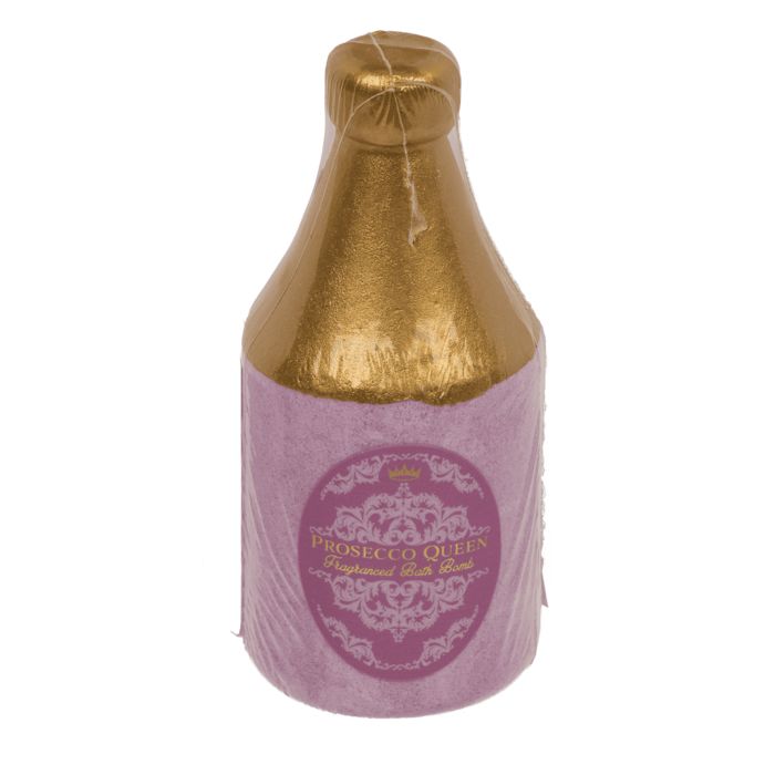Badbruisbal in flesvorm, goudkleurige kop, roze lichaam, transparante folieverpakking. Opschrift: Prosecco Queen.