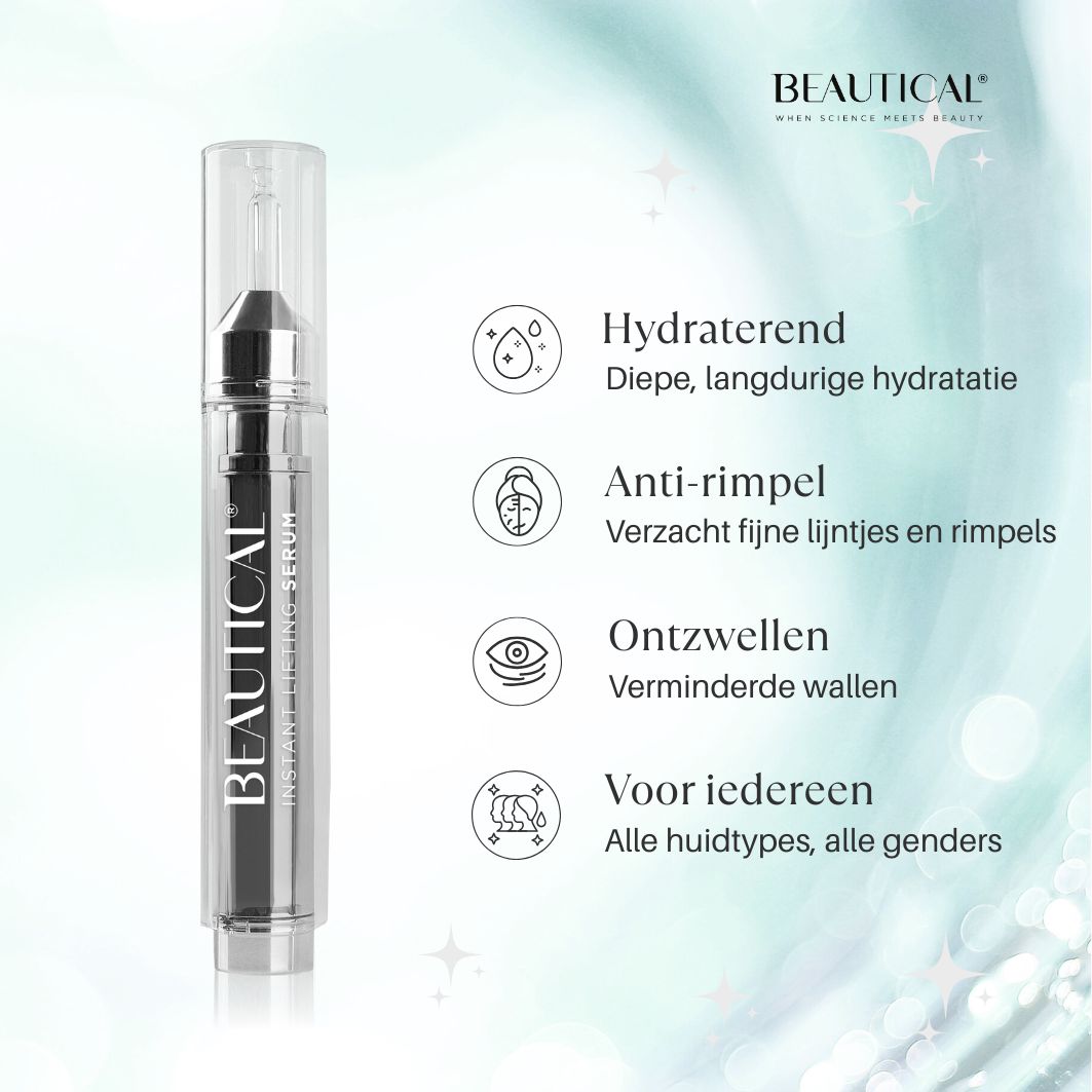 BEAUTICAL Instant Lifting Serum. Tekst en pictogrammen. Product naast tekst.