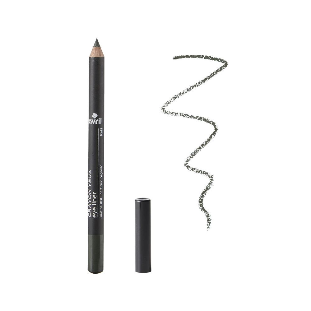 Crayon yeux gris foncé, avec capuchon. Inscription: Crayon Yeux, eye liner, Khaki. Crayon et trait.