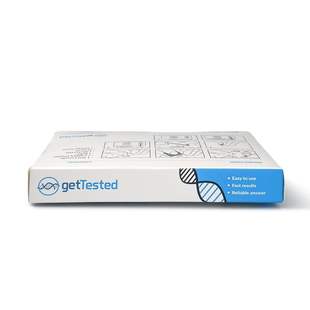 GetTested Herpes testverpakking, plat. Bevat informatie over herpes simplex virussen. Met logo en tekst.