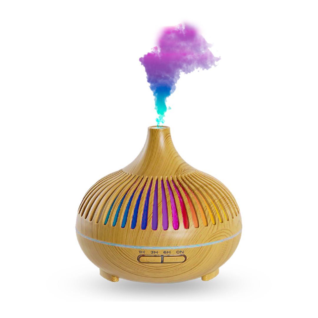 Houtlook aroma diffuser met kleurrijke LED-verlichting en een stoomstoot in paars en blauw.