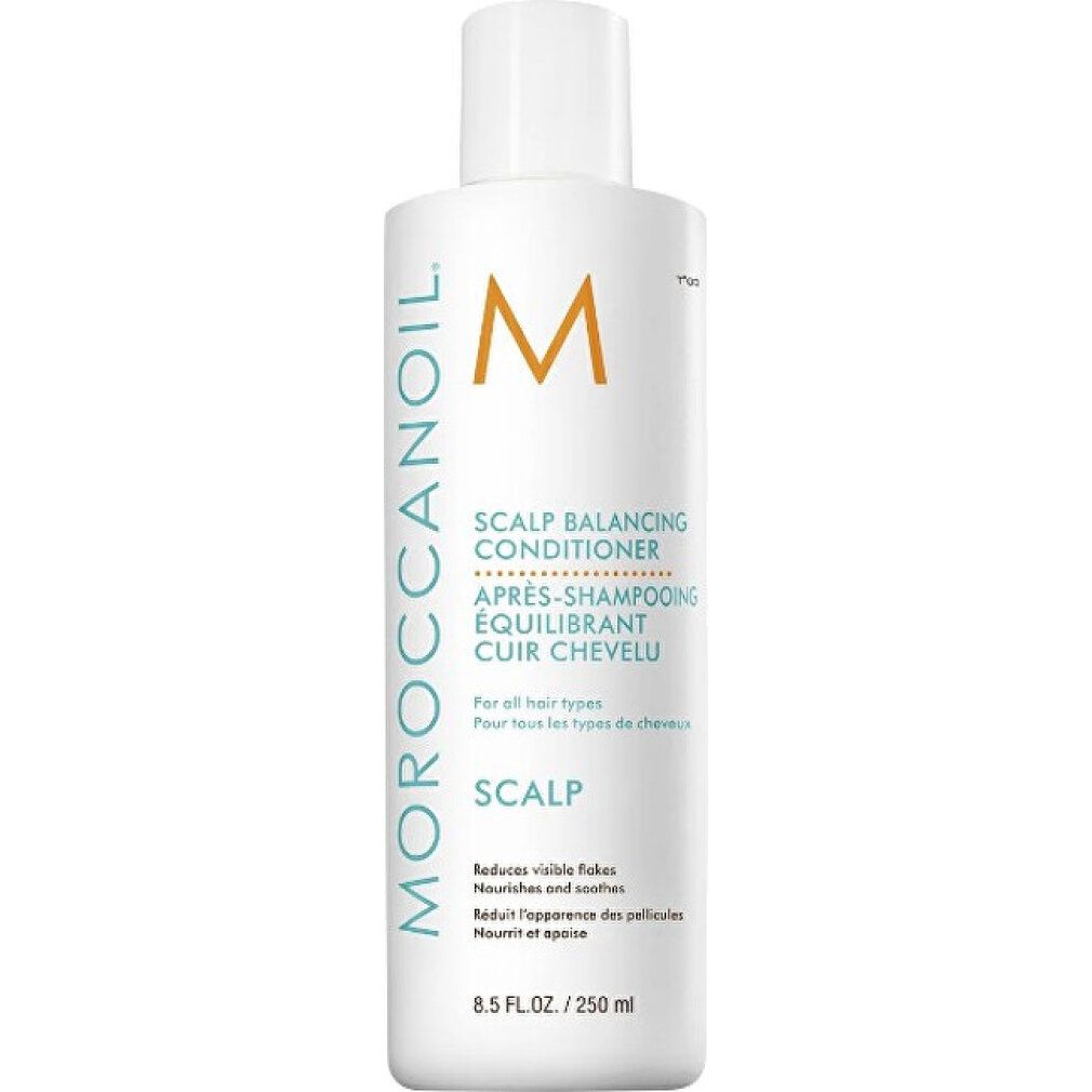 Witte fles met oranje logo. Tekst: Scalp Balancing Conditioner. 8.5 FL.OZ / 250 ml.