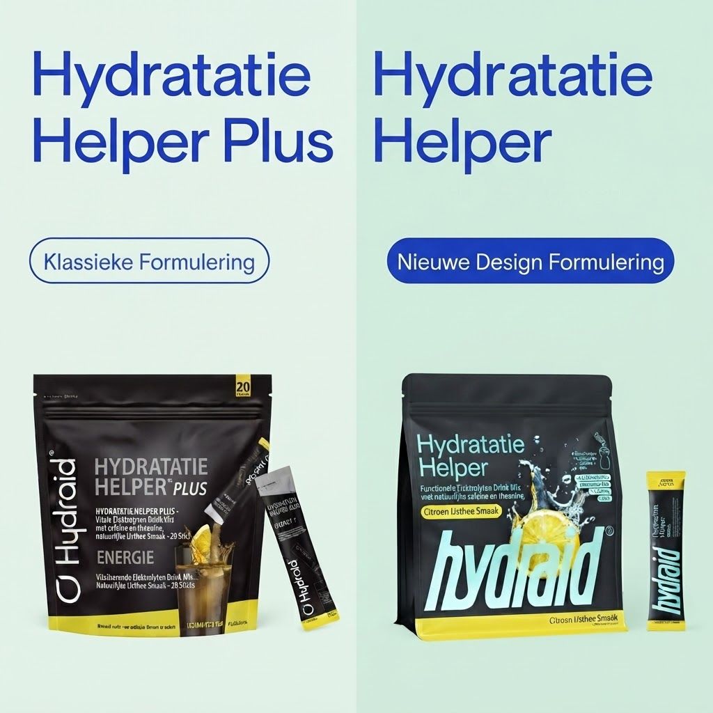 Vergelijking van oud en nieuw ontwerp van Hydraid Hydration Helper verpakking.