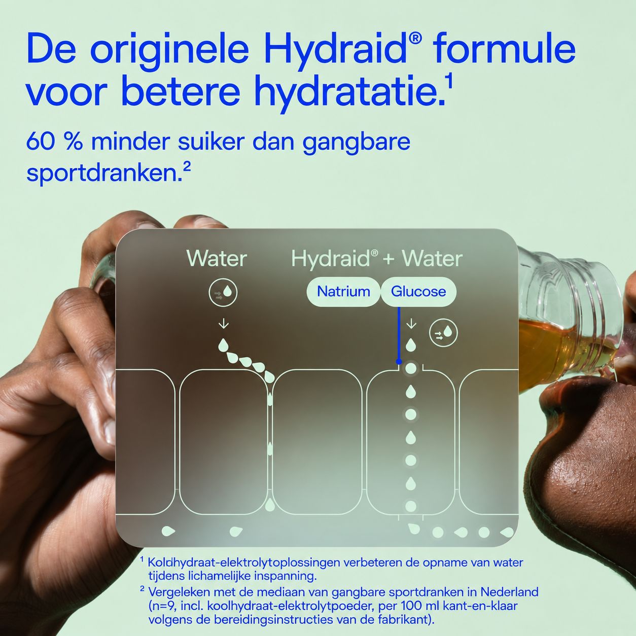 Hydraid formule voor betere hydratatie, 60% minder suiker dan typische sportdranken.