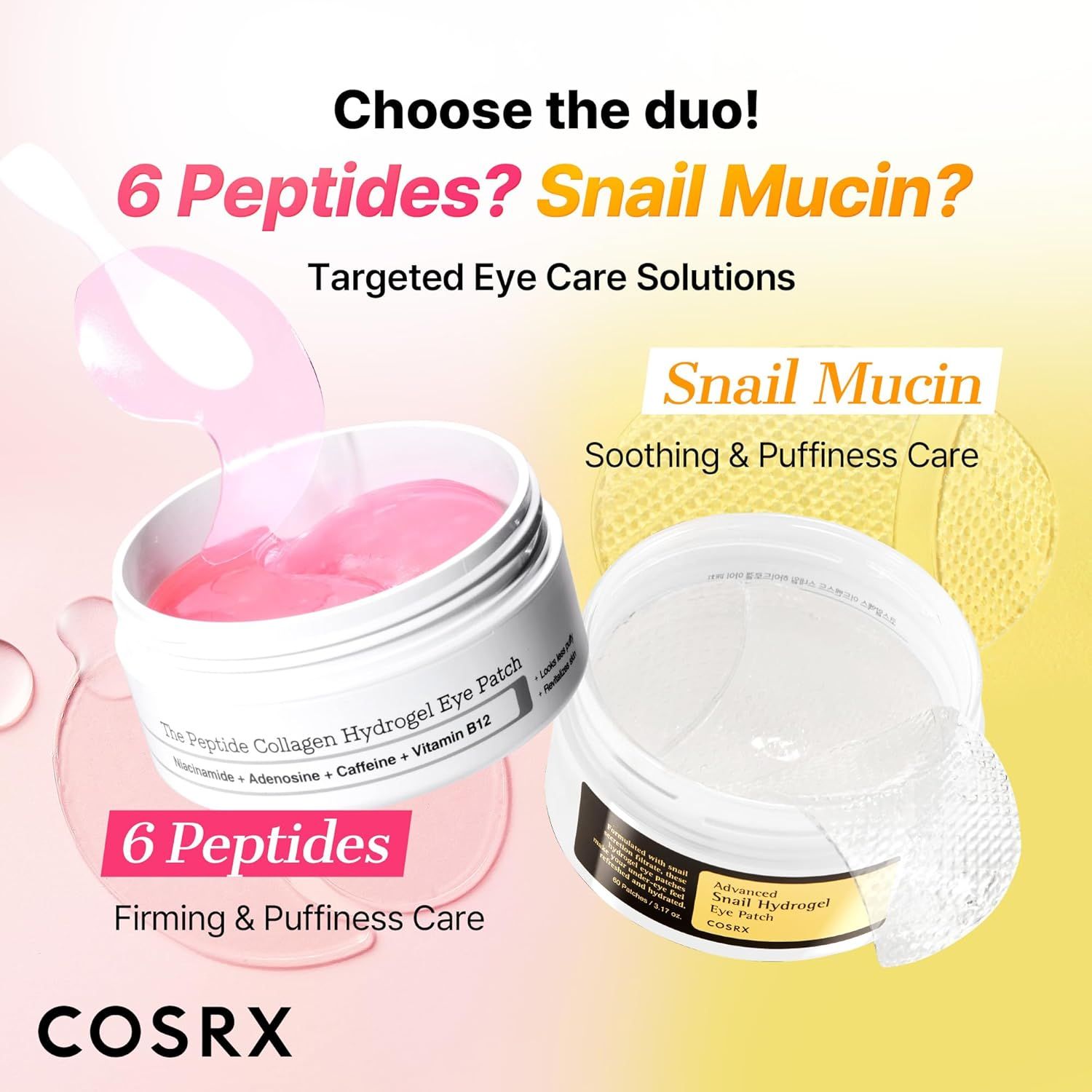 Deux produits de soin des yeux. Un patch oculaire rose et un masque oculaire transparent. Texte: 6 peptides, Snail Mucin.