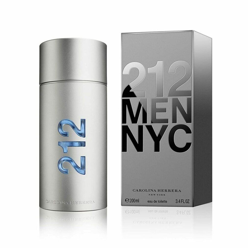 Carolina Herrera 212 Men Eau de Toilette. Flacon et emballage. Flacon argenté avec inscription bleue 212. Emballage avec inscription 212 MEN NYC.