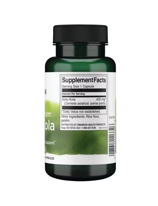 Arrière d'une bouteille de gélules vertes avec 'Supplement Facts', Gotu Kola 435 mg et ingrédients.