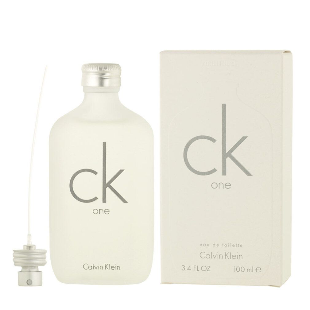 Parfumfles en doos. Fles met zilveren dop, opschrift ck one. Doos met opschrift ck one en Calvin Klein.