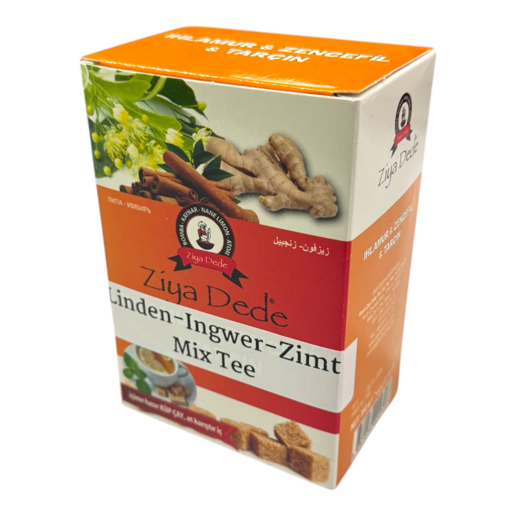 Verpakking van Öz Natur Linden-Ingwer-Zimt Mix thee. Voorkant met productafbeeldingen en tekst. Oranje achtergrond.