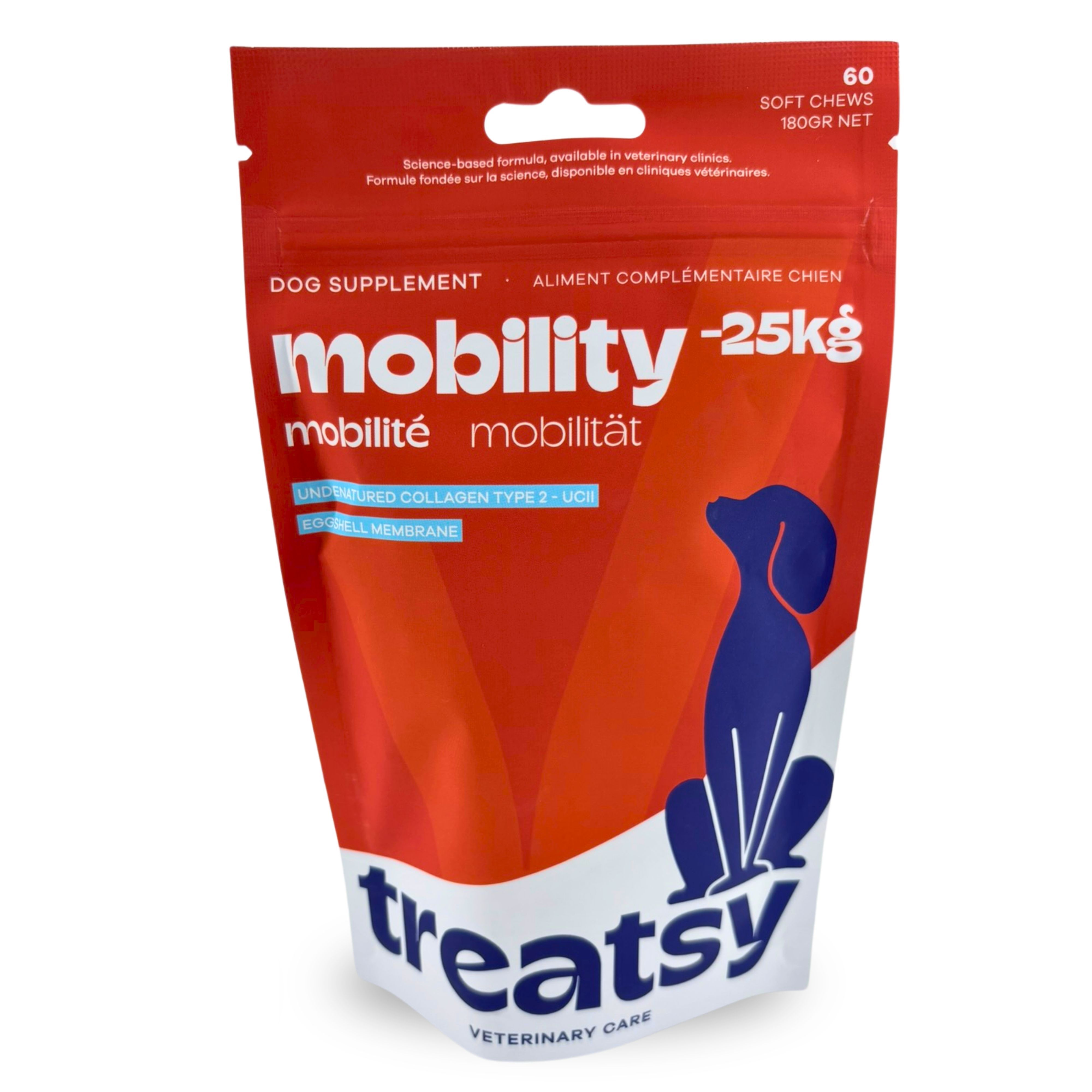 Rode zak met "mobility" en "Treatsy". Blauw silhouet van een hond. 60 Soft Chews.