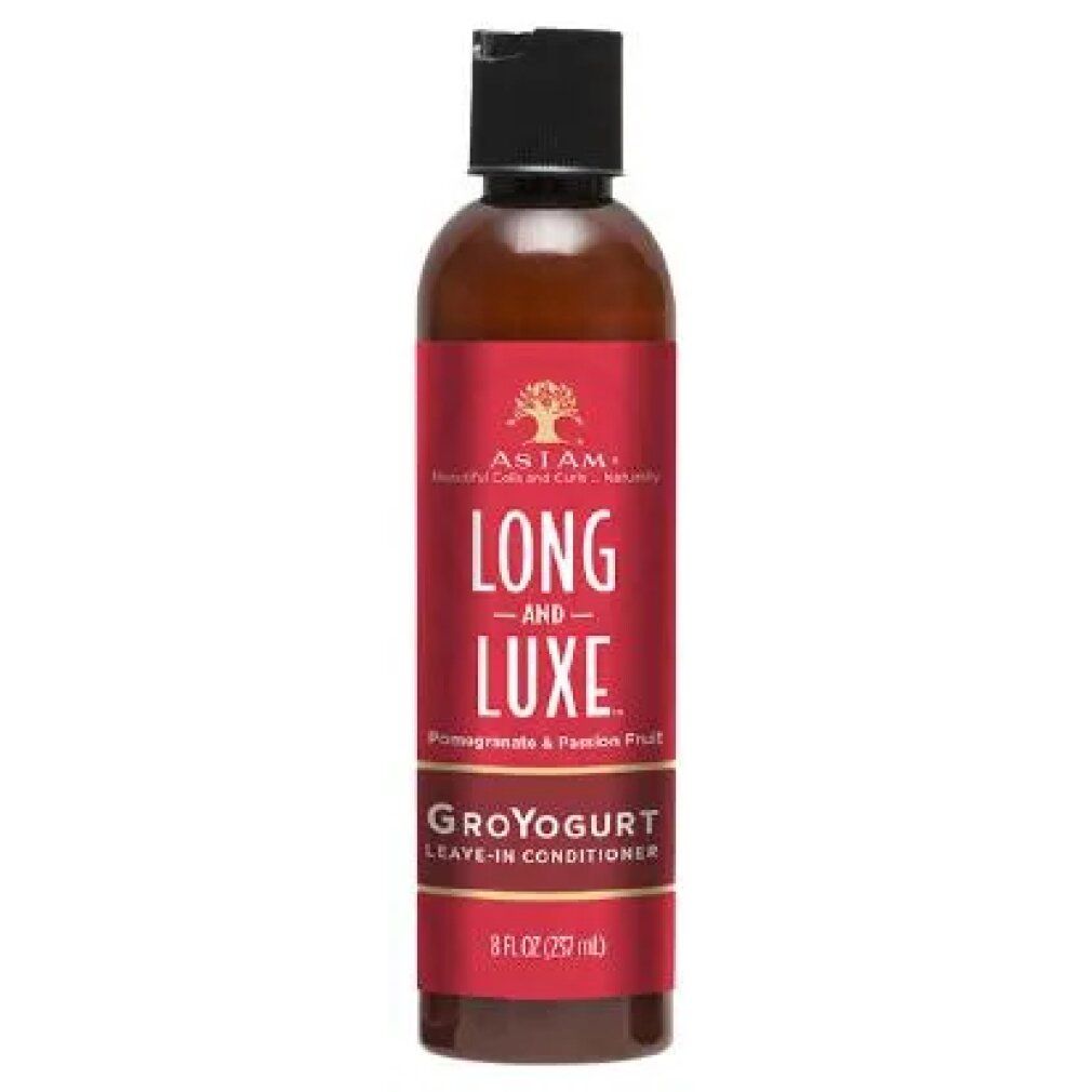 Bouteille marron avec étiquette rouge. Texte: LONG AND LUXE, GroYogurt Leave-In Conditioner. Bouchon noir. 8 fl oz (237 ml).