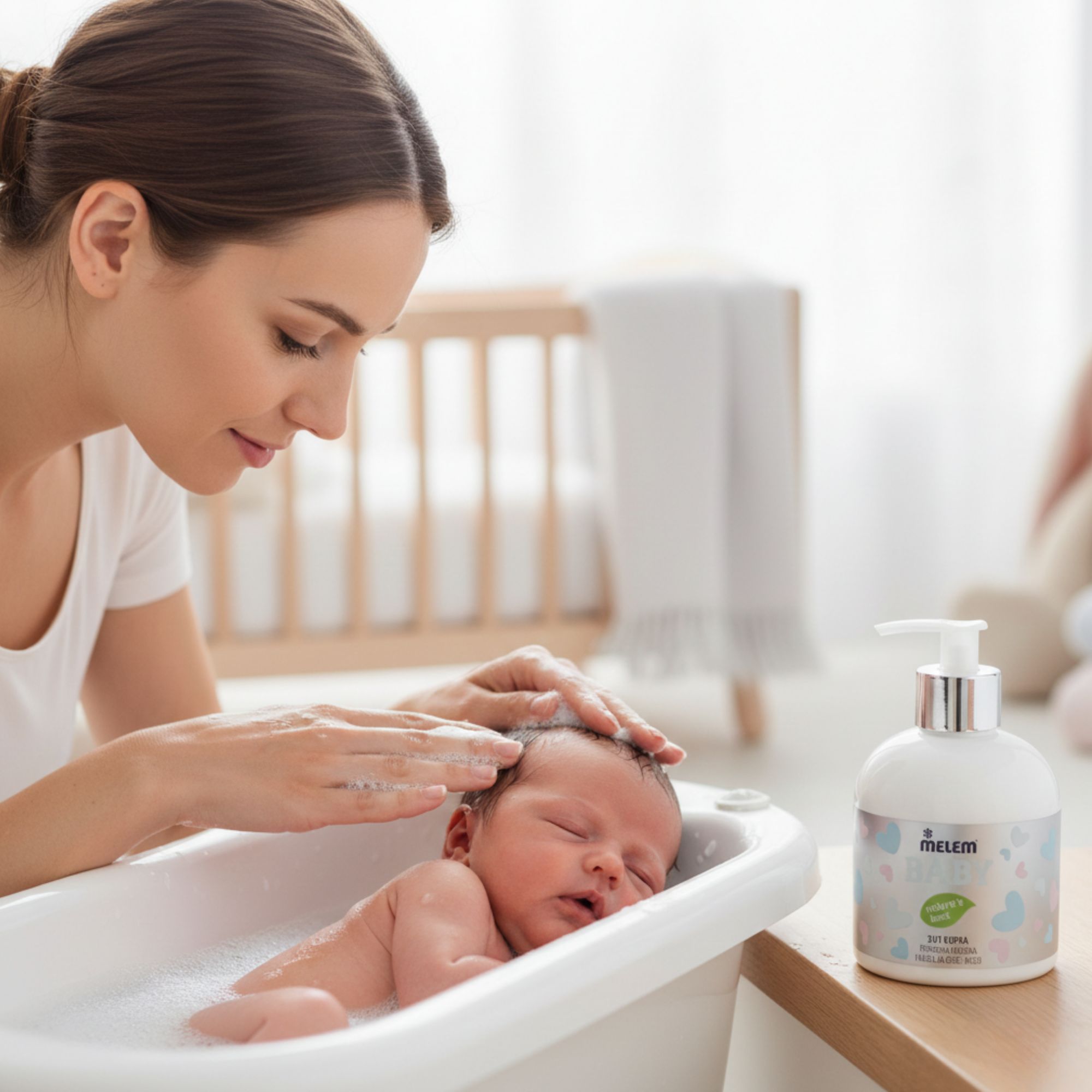 Witte fles met pomp, etiket met BABY. Een vrouw wast zachtjes het haar van een baby in een bad.