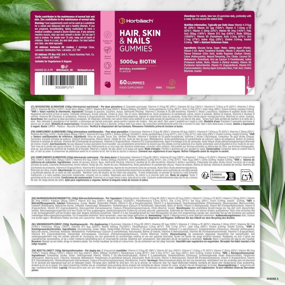 Emballage du produit avec texte et ingrédients. Texte: Hair, Skin & Nails Gummies, 5000µg Biotin. 60 gummies. Instructions.