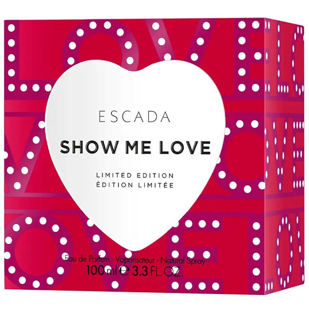 Boîte rouge avec cœur blanc. Texte : ESCADA, SHOW ME LOVE, Édition Limitée. 100ml.
