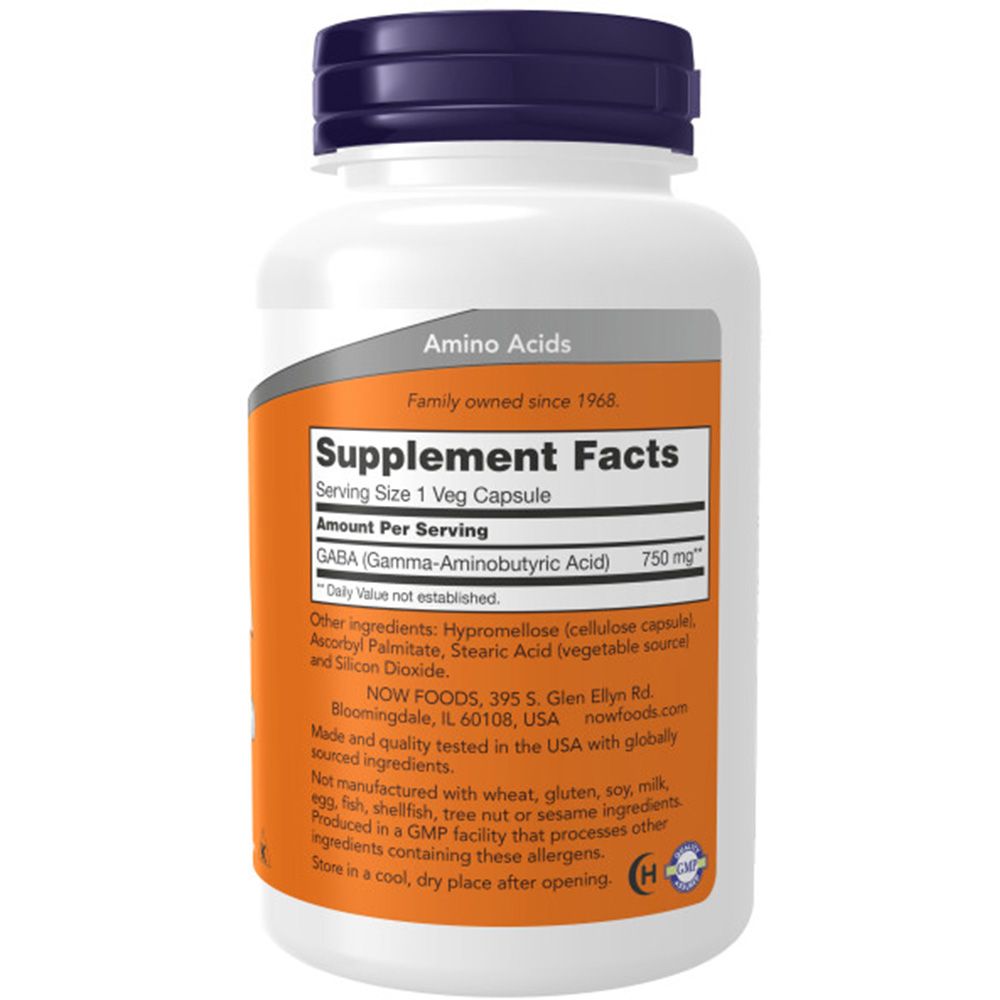 Bouteille de capsules de GABA (acide gamma-aminobutyrique) de 750 mg. La bouteille a un corps blanc et un bouchon bleu foncé.
