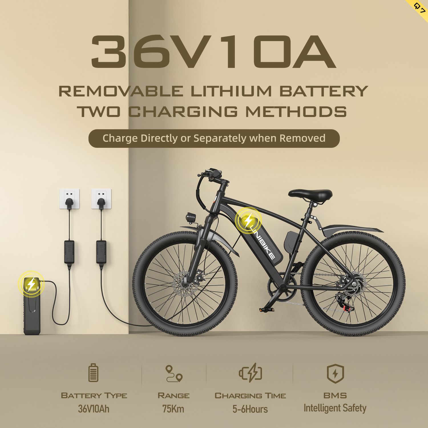 Vélo électrique avec batterie et chargeur. Deux méthodes de charge : directe ou séparée. Vélo avec logo.