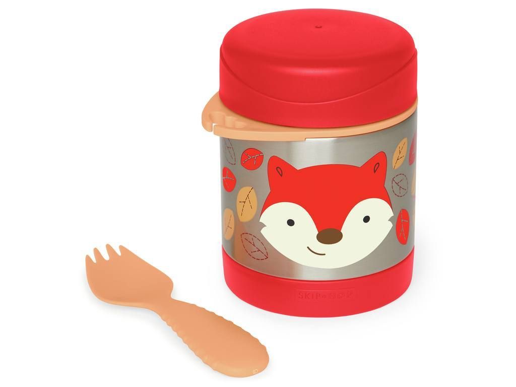 Roestvrijstalen thermosfles met rode deksel en vossenontwerp. Vork apart. Merk Skip Hop.