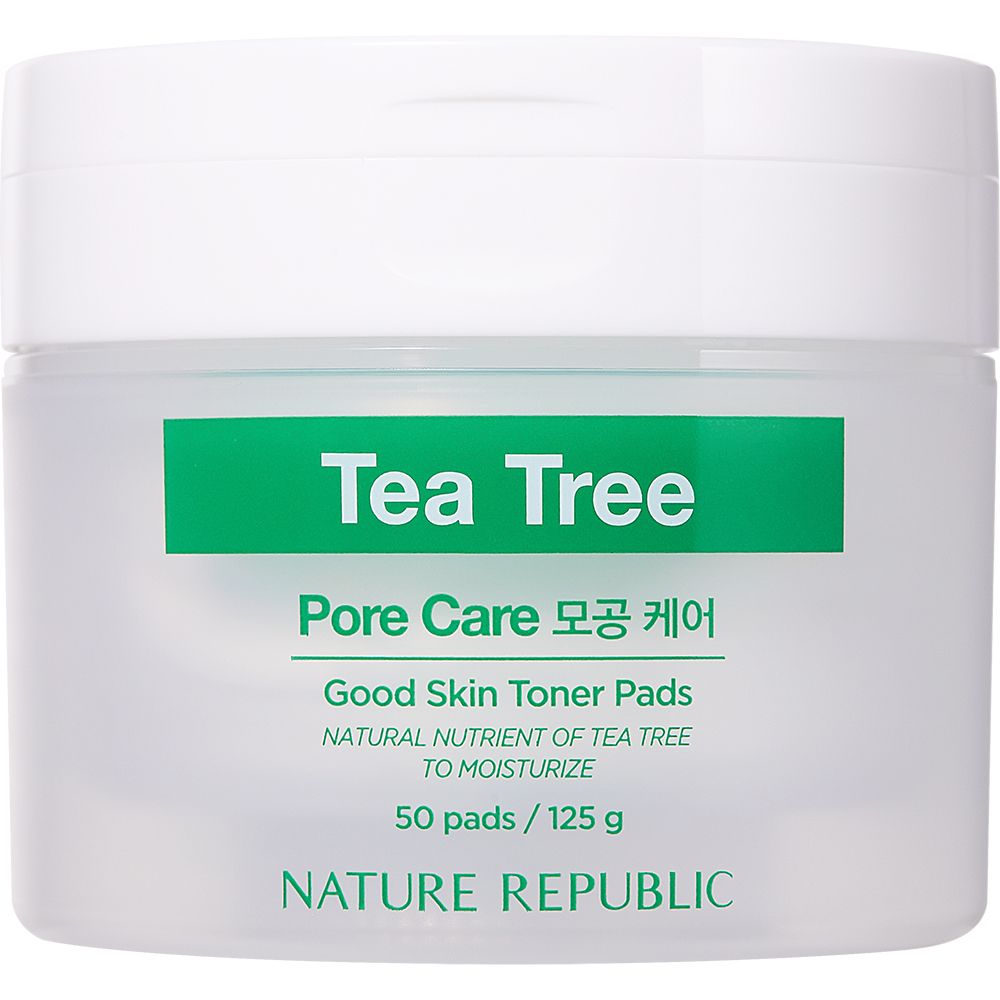 Pot blanc avec étiquette verte. Inscription: Tea Tree, Pore Care, Good Skin Toner Pads. Marque: NATURE REPUBLIC. 50 pads.