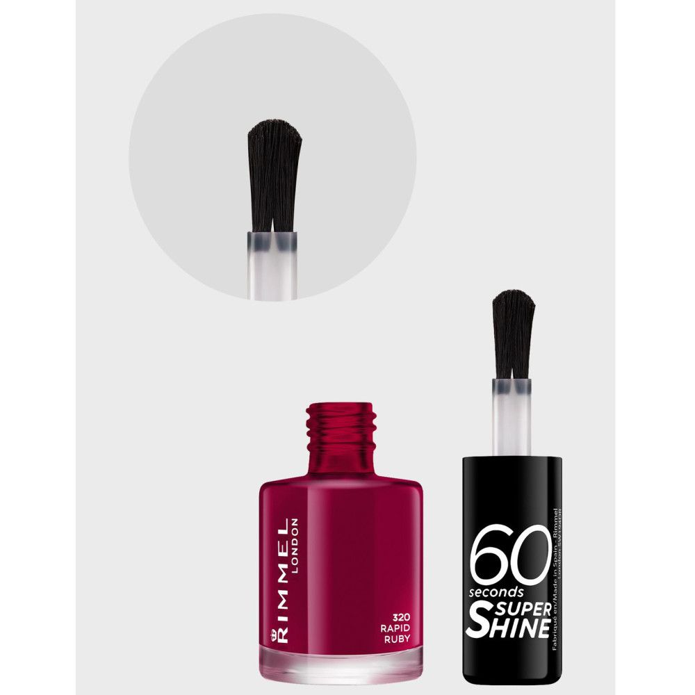 Rimmel nagellak, rood, met borstel. Fles en borstel in detail. 60 Seconds Super Shine.