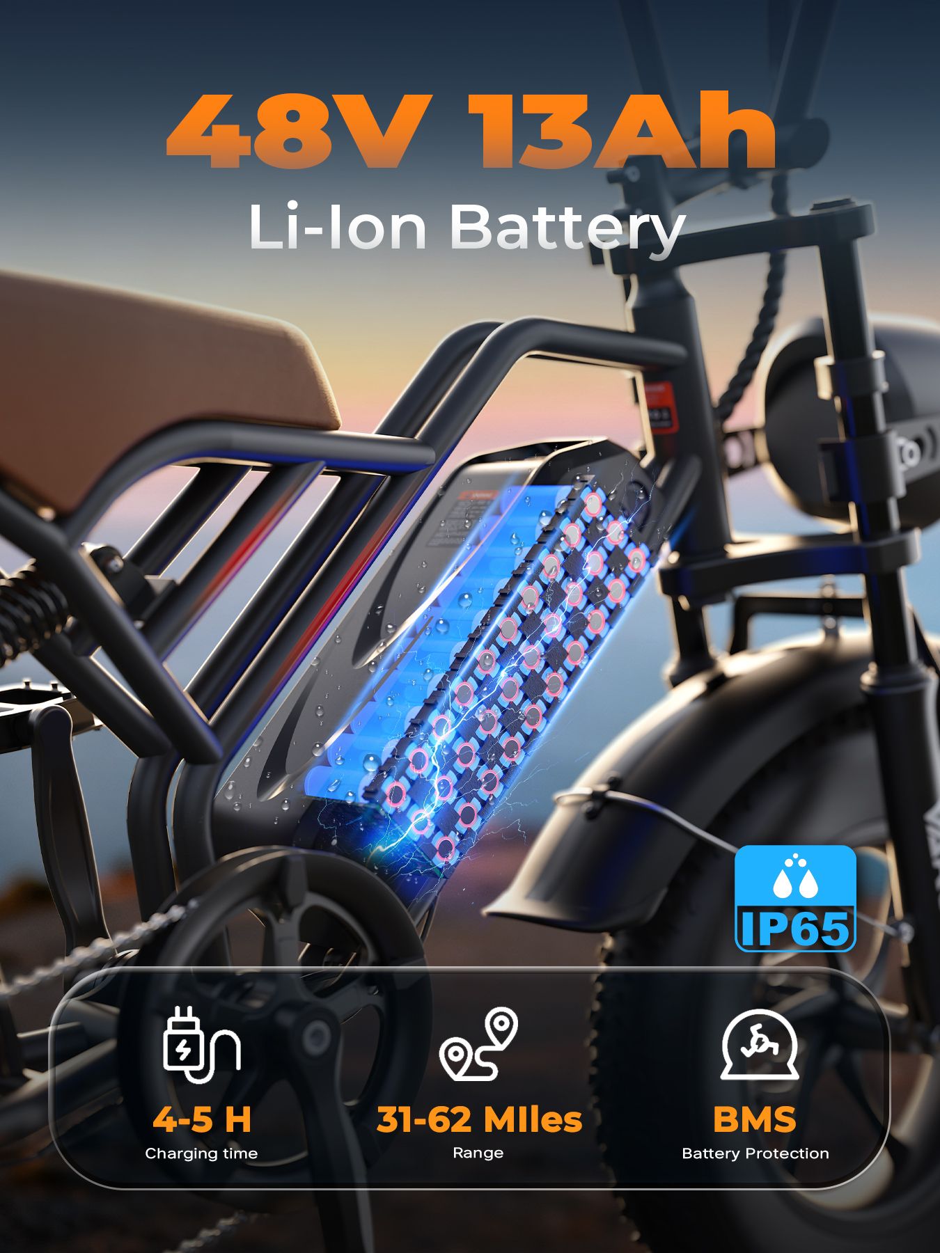 E-bike met 48V 13Ah Li-ion batterij. Oplaadtijd 4-5 uur, bereik 31-62 mijl, BMS-batterijbescherming, IP65-certificering.