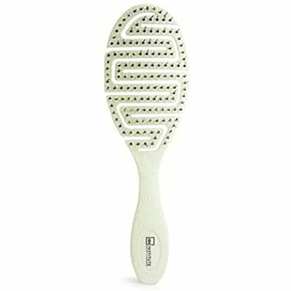 Brosse à cheveux ovale avec manche. Couleur claire, champ de brossage ajouré avec soies noires. Manche avec logo.