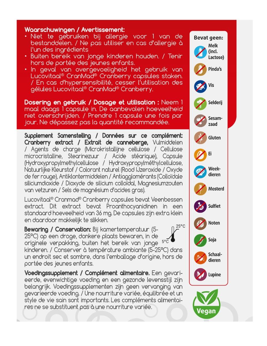Achterkant van de verpakking met informatie over ingrediënten, waarschuwingen en dosering. Vegan logo. Bevat informatie over allergenen.