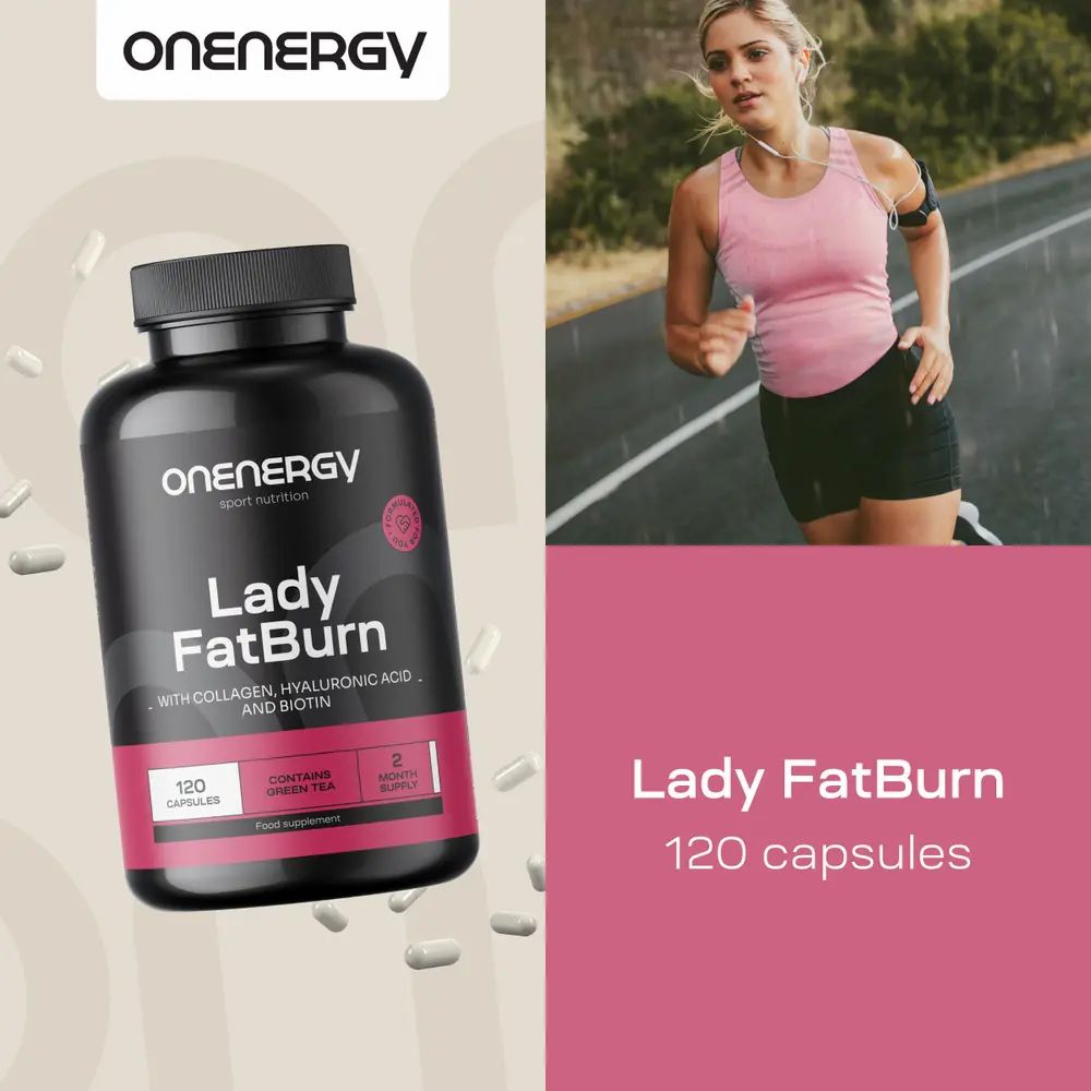 Vrouw die rent, naast pot OnEnergy Lady FatBurn. "Lady FatBurn, 120 capsules."