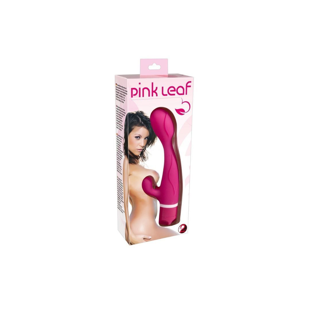 Emballage produit avec vibrateur rose. Inscription : « pink leaf ». Illustration d'une femme.