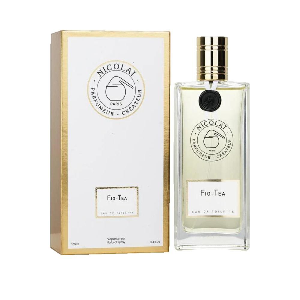 Flacon de parfum et emballage. Flacon rectangulaire avec bouchon doré. Emballage à bordure dorée et logo.